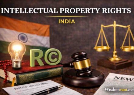 A conceptual image showing the balance between Intellectual Property symbols (Gavel and Scales) and Human Rights needs like medicine and books.