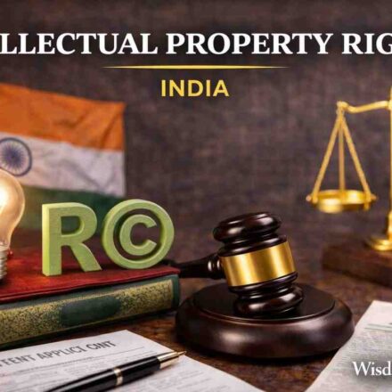 A conceptual image showing the balance between Intellectual Property symbols (Gavel and Scales) and Human Rights needs like medicine and books.