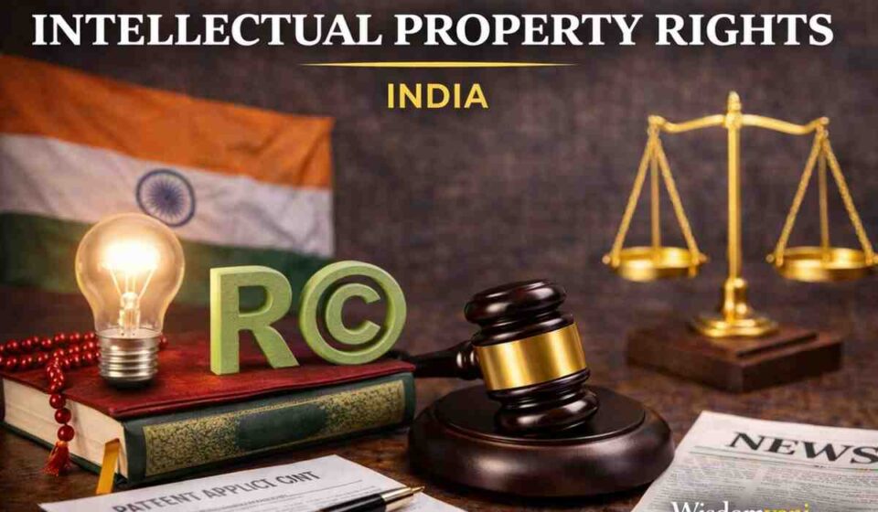 A conceptual image showing the balance between Intellectual Property symbols (Gavel and Scales) and Human Rights needs like medicine and books.