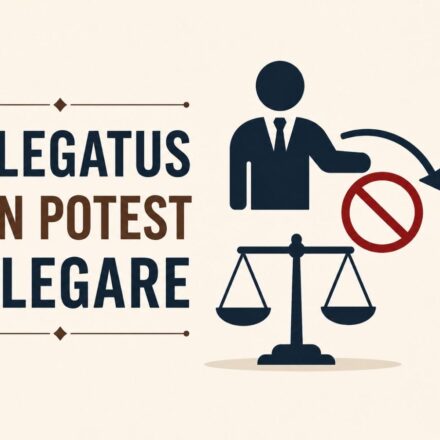 Illustration of 'Delegatus Non Potest Delegare' showing a person unable to delegate authority, with a prohibition sign and balance scale.