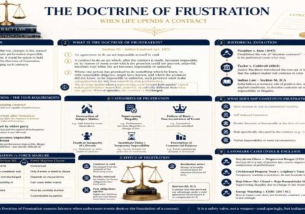 Doctrine of Frustration under Section 56 Indian Contract Act 1872 infographic explaining impossibility of contract performance due to supervening events like war, law change, or pandemic