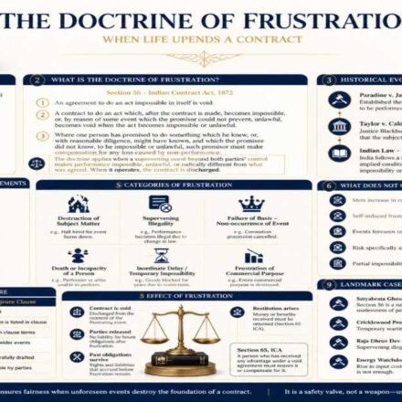 Doctrine of Frustration under Section 56 Indian Contract Act 1872 infographic explaining impossibility of contract performance due to supervening events like war, law change, or pandemic