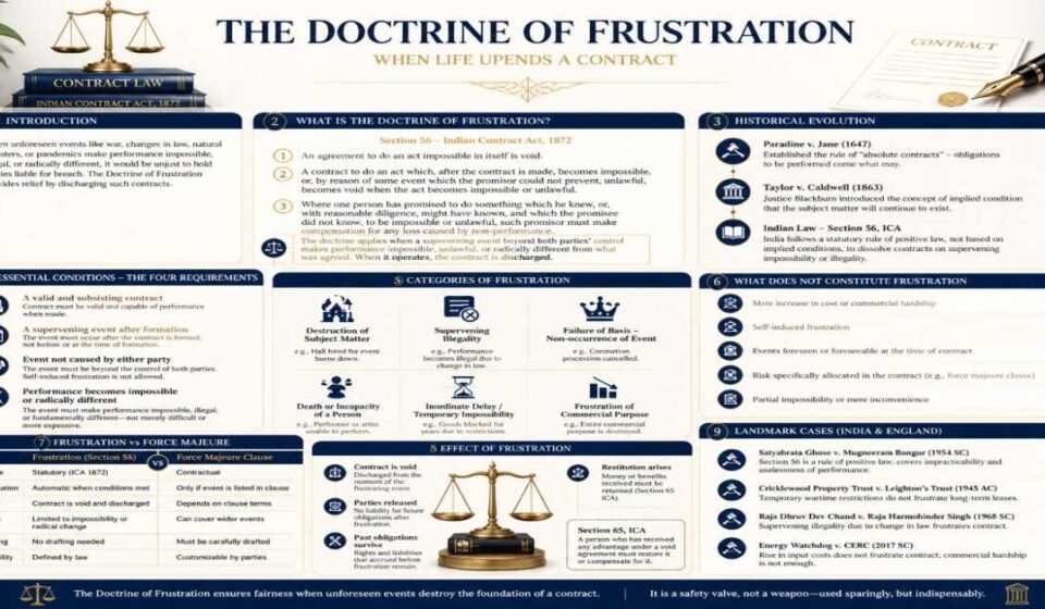 Doctrine of Frustration under Section 56 Indian Contract Act 1872 infographic explaining impossibility of contract performance due to supervening events like war, law change, or pandemic