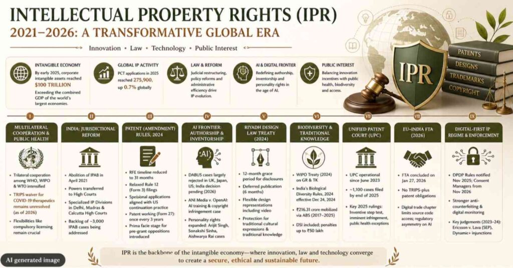 Intellectual Property Rights 2021-2026 infographic showing global IPR trends, AI impact, patent reforms, TRIPS issues, and digital economy transformation in an elegant legal design