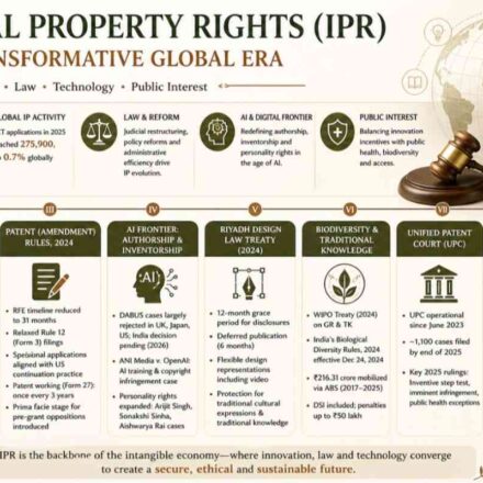 Intellectual Property Rights 2021-2026 infographic showing global IPR trends, AI impact, patent reforms, TRIPS issues, and digital economy transformation in an elegant legal design
