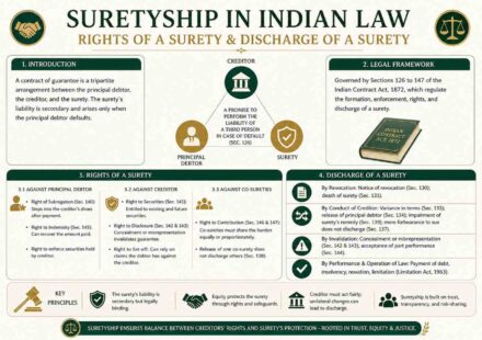 Suretyship in Indian law infographic explaining rights of a surety and discharge under Indian Contract Act 1872 including subrogation, indemnity and legal provisions