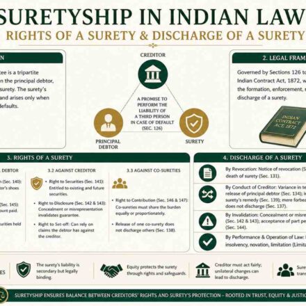 Suretyship in Indian law infographic explaining rights of a surety and discharge under Indian Contract Act 1872 including subrogation, indemnity and legal provisions