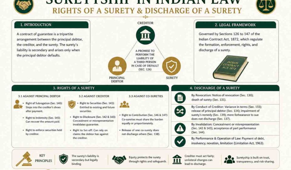 Suretyship in Indian law infographic explaining rights of a surety and discharge under Indian Contract Act 1872 including subrogation, indemnity and legal provisions