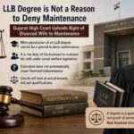 Illustration showing Gujarat High Court maintenance ruling where a divorced woman with an LLB degree cannot be denied maintenance solely due to her educational qualification, featuring Lady Justice statue, courtroom elements, maintenance law books, and a female lawyer standing outside the Gujarat High Court building with “AI Generated Image” text in the corner.