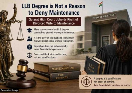 Illustration showing Gujarat High Court maintenance ruling where a divorced woman with an LLB degree cannot be denied maintenance solely due to her educational qualification, featuring Lady Justice statue, courtroom elements, maintenance law books, and a female lawyer standing outside the Gujarat High Court building with “AI Generated Image” text in the corner.