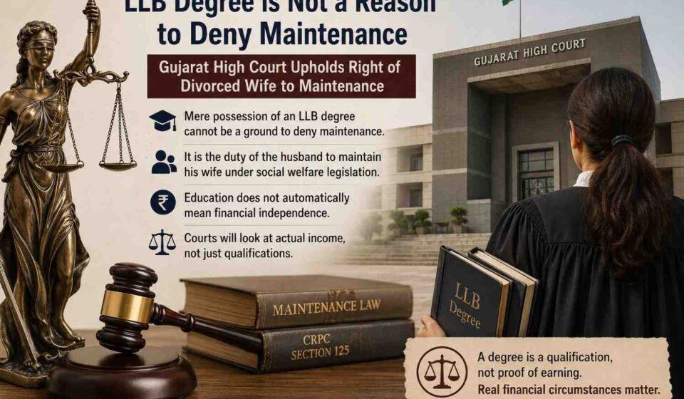 Illustration showing Gujarat High Court maintenance ruling where a divorced woman with an LLB degree cannot be denied maintenance solely due to her educational qualification, featuring Lady Justice statue, courtroom elements, maintenance law books, and a female lawyer standing outside the Gujarat High Court building with “AI Generated Image” text in the corner.