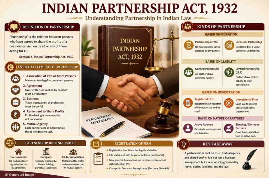 Educational infographic explaining the Indian Partnership Act 1932 including definition of partnership, essential elements, kinds of partnerships, registration of firms, mutual agency, and partnership law concepts in India