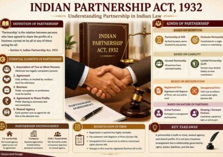 Educational infographic explaining the Indian Partnership Act 1932 including definition of partnership, essential elements, kinds of partnerships, registration of firms, mutual agency, and partnership law concepts in India