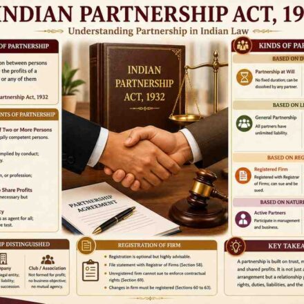Educational infographic explaining the Indian Partnership Act 1932 including definition of partnership, essential elements, kinds of partnerships, registration of firms, mutual agency, and partnership law concepts in India