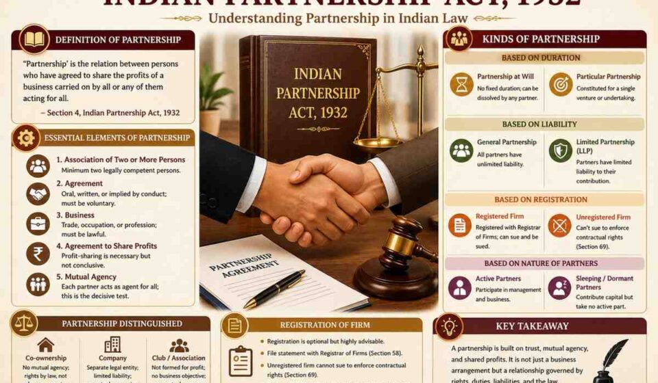 Educational infographic explaining the Indian Partnership Act 1932 including definition of partnership, essential elements, kinds of partnerships, registration of firms, mutual agency, and partnership law concepts in India