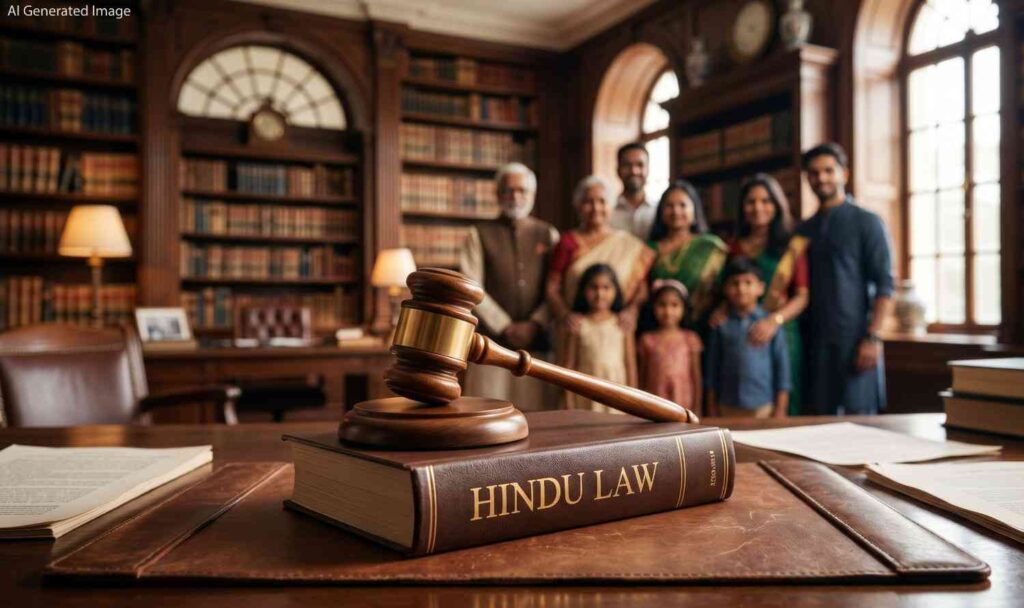 A high-quality wide shot of a wooden gavel resting on a leather-bound book titled 'Hindu Law' in a professional law library, with a blurred silhouette of a multi-generational family in the background.