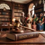 A high-quality wide shot of a wooden gavel resting on a leather-bound book titled 'Hindu Law' in a professional law library, with a blurred silhouette of a multi-generational family in the background.