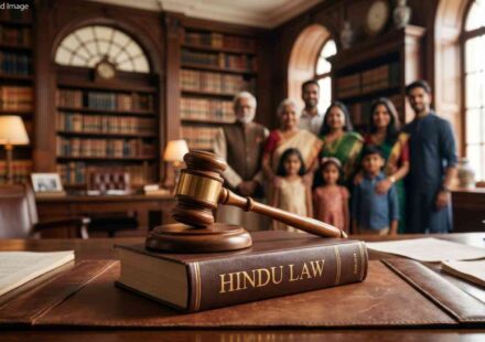 A high-quality wide shot of a wooden gavel resting on a leather-bound book titled 'Hindu Law' in a professional law library, with a blurred silhouette of a multi-generational family in the background.