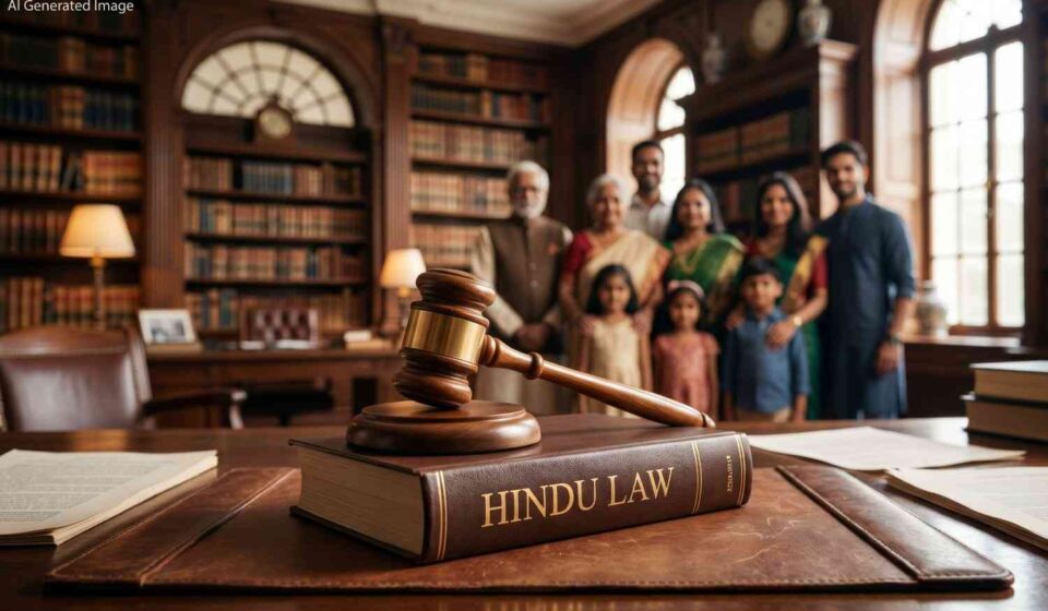 A high-quality wide shot of a wooden gavel resting on a leather-bound book titled 'Hindu Law' in a professional law library, with a blurred silhouette of a multi-generational family in the background.