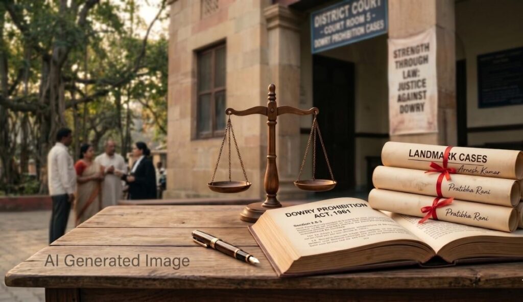 Dr. B.R. Ambedkar and Dowry Prohibition Act 1961 legal books and landmark cases illustration.