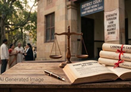 Dr. B.R. Ambedkar and Dowry Prohibition Act 1961 legal books and landmark cases illustration.