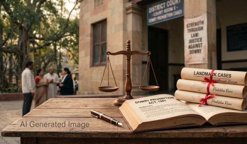 Dr. B.R. Ambedkar and Dowry Prohibition Act 1961 legal books and landmark cases illustration.