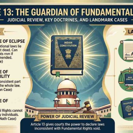 Article 13 of the Indian Constitution infographic explaining Judicial Review, Doctrine of Eclipse, and Landmark Cases like Kesavananda Bharati.