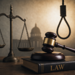 Justice scale, law book and judge gavel representing capital punishment and death penalty laws in India.