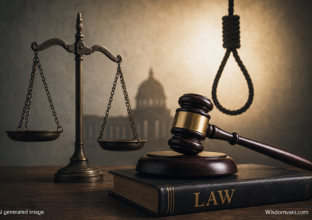 Justice scale, law book and judge gavel representing capital punishment and death penalty laws in India.