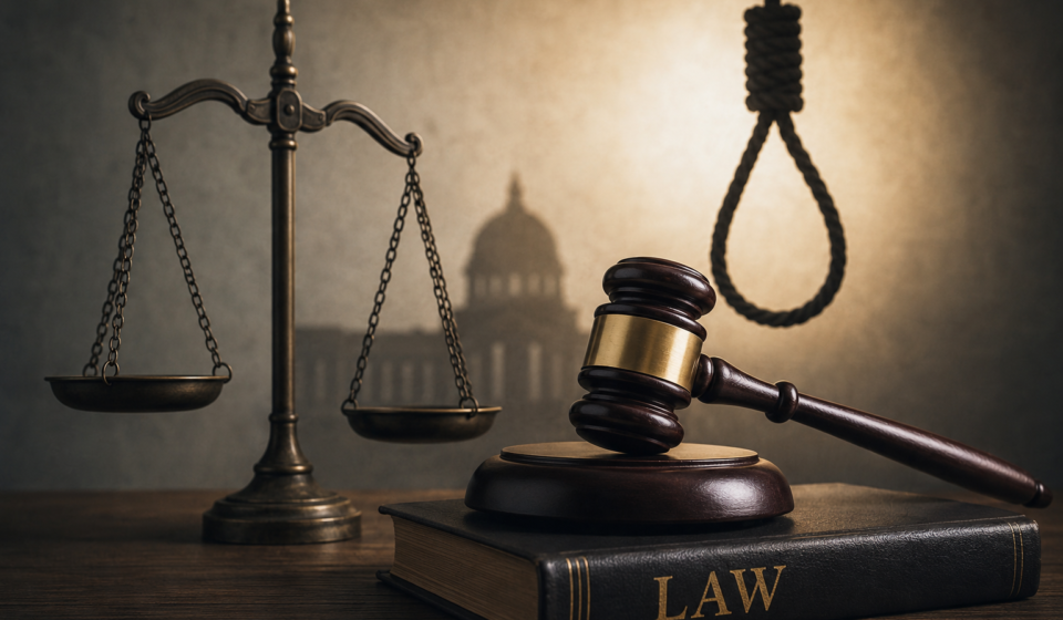 Justice scale, law book and judge gavel representing capital punishment and death penalty laws in India.