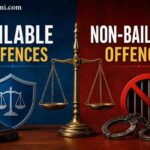 Bailable and Non-Bailable Offences in India explained with legal justice scale, gavel and handcuffs