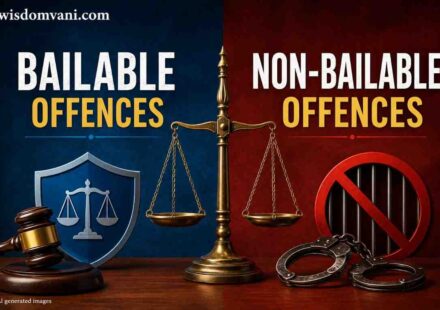 Bailable and Non-Bailable Offences in India explained with legal justice scale, gavel and handcuffs