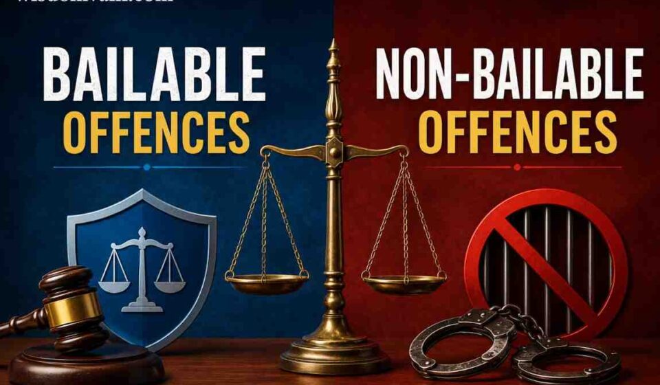 Bailable and Non-Bailable Offences in India explained with legal justice scale, gavel and handcuffs