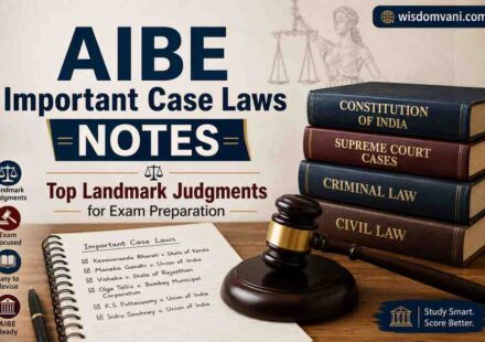 AIBE Important Case Laws Notes featuring top landmark judgments for exam preparation with law books, gavel, legal notebook, and Constitution of India study material.