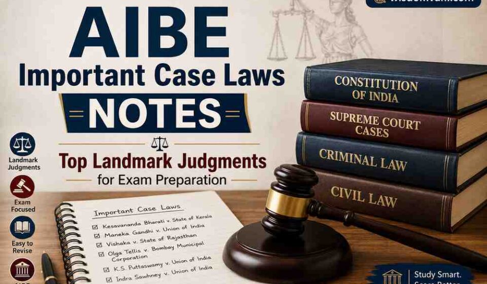 AIBE Important Case Laws Notes featuring top landmark judgments for exam preparation with law books, gavel, legal notebook, and Constitution of India study material.