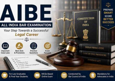 AIBE All India Bar Examination preparation image featuring Constitution of India, law books, gavel, scales of justice, and important legal study materials.
