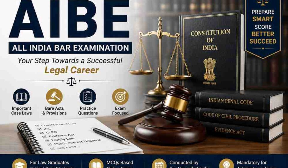 AIBE All India Bar Examination preparation image featuring Constitution of India, law books, gavel, scales of justice, and important legal study materials.