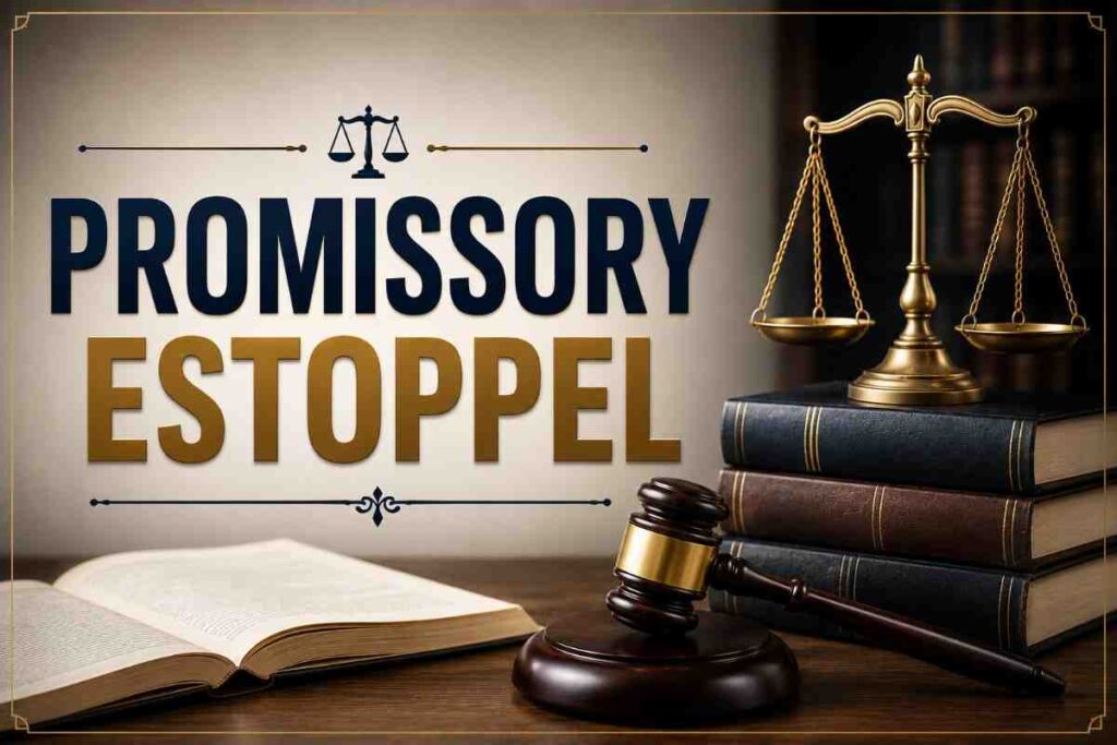 Promissory Estoppel legal concept illustrated with scales of justice, law books, judge's gavel, and courtroom-themed background.