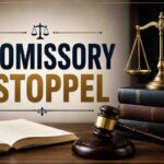 Promissory Estoppel legal concept illustrated with scales of justice, law books, judge's gavel, and courtroom-themed background.