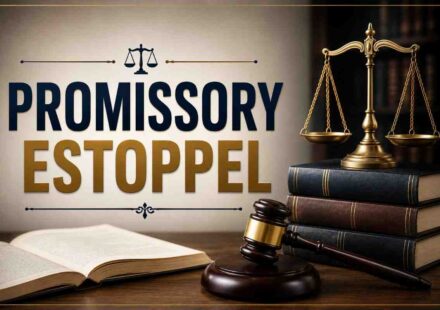 Promissory Estoppel legal concept illustrated with scales of justice, law books, judge's gavel, and courtroom-themed background.