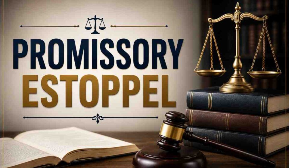 Promissory Estoppel legal concept illustrated with scales of justice, law books, judge's gavel, and courtroom-themed background.