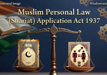Muslim Personal Law (Shariat) Application Act 1937 - Scales of Justice balancing 1937 colonial document and modern gender equality symbols with Indian Constitution and flag
