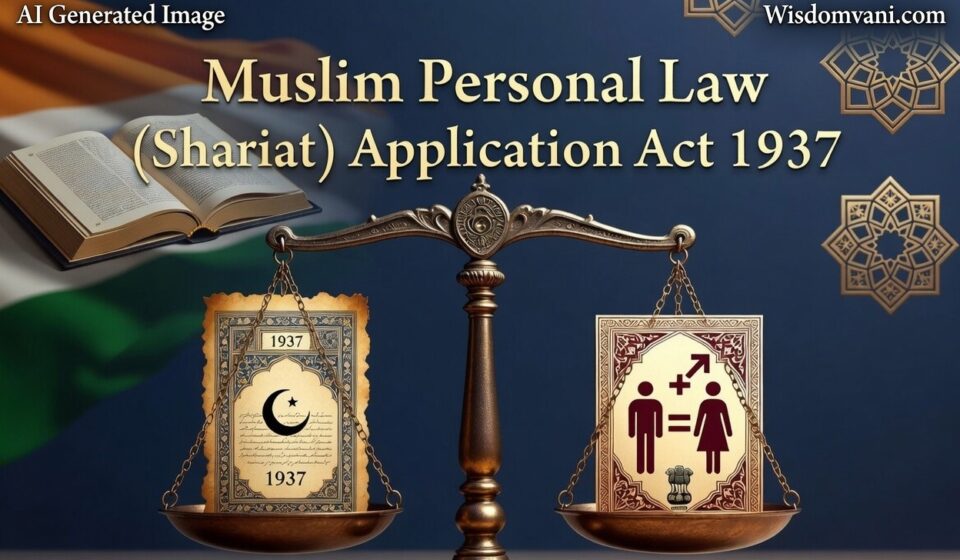 Muslim Personal Law (Shariat) Application Act 1937 - Scales of Justice balancing 1937 colonial document and modern gender equality symbols with Indian Constitution and flag