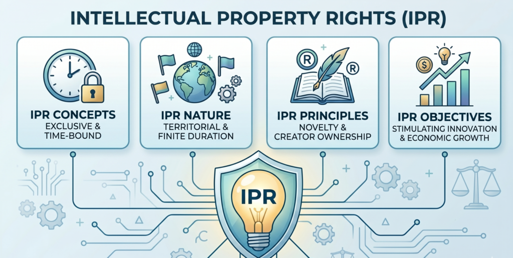 Infographic explaining the concepts, nature, principles, and objectives of Intellectual Property Rights (IPR)