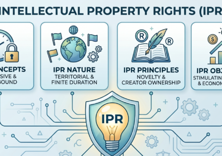 Infographic explaining the concepts, nature, principles, and objectives of Intellectual Property Rights (IPR)
