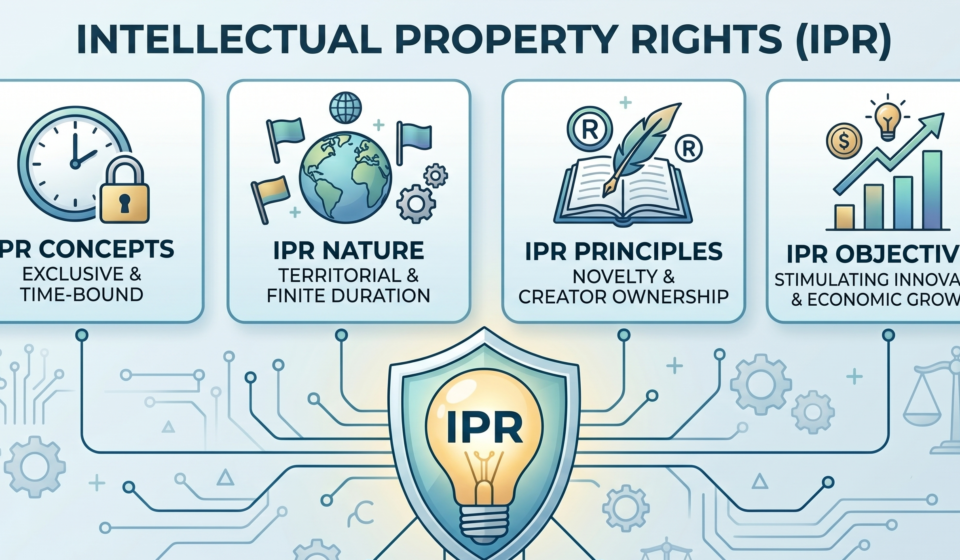 Infographic explaining the concepts, nature, principles, and objectives of Intellectual Property Rights (IPR)
