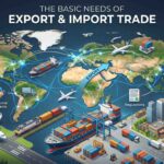 A professional infographic illustrating global trade logistics, including ships, airplanes, and key components like finance, international agreements, and customs regulations for import and export.