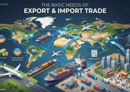 A professional infographic illustrating global trade logistics, including ships, airplanes, and key components like finance, international agreements, and customs regulations for import and export.