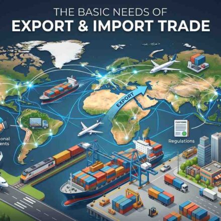 A professional infographic illustrating global trade logistics, including ships, airplanes, and key components like finance, international agreements, and customs regulations for import and export.