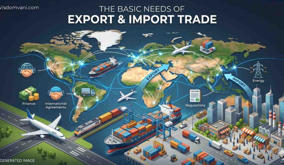 A professional infographic illustrating global trade logistics, including ships, airplanes, and key components like finance, international agreements, and customs regulations for import and export.